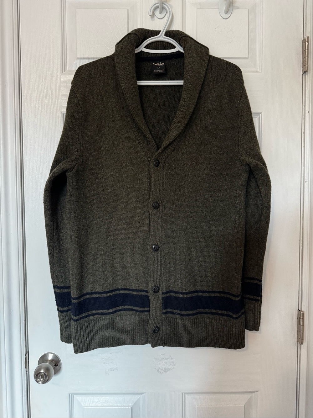 Shawl Collar Button-Up Cardigan in Olive Green with Navy Trim
